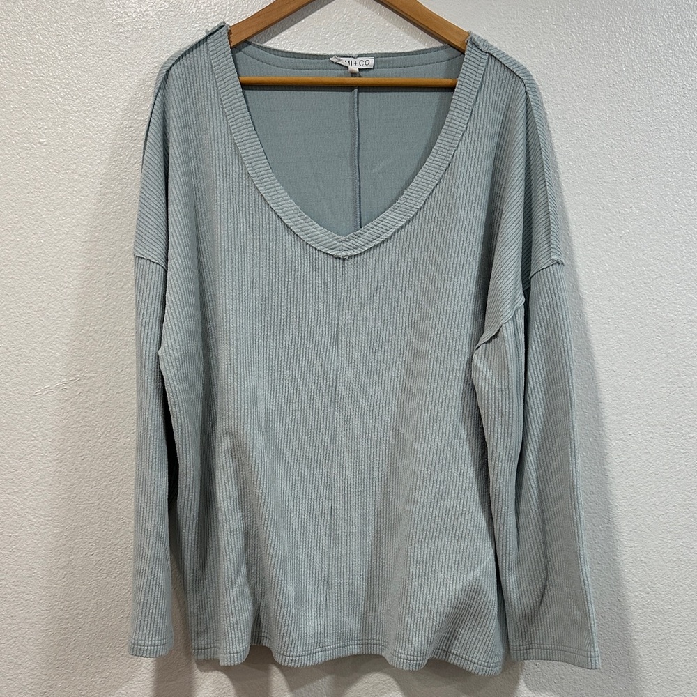 Soft Blue V-Neck Long Sleeve Ribbed Sweater